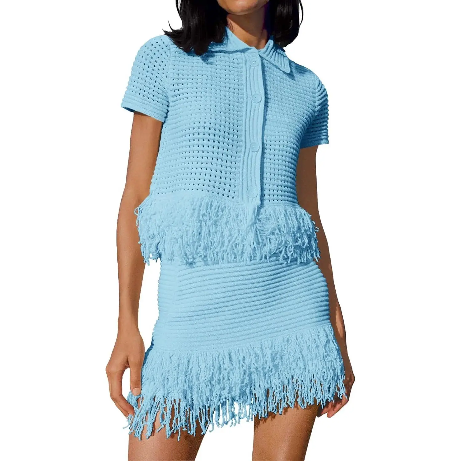 Womens 2 Piece Outfits Crochet Short Sleeve Button Knit Sweater Tops and Fringe Skirt Vacation Sets