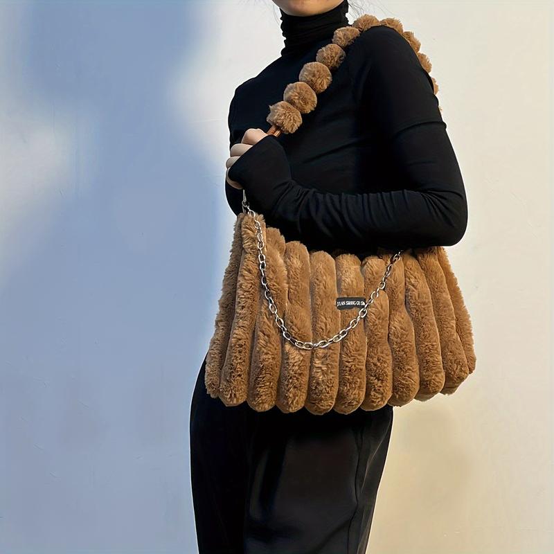 2025 Women's Lightweight Plush Faux Fur Crossbody Bag with Detachable Adjustable Chain Strap Large Capacity Zipper Closure Mixed Colors Caramel Versatile Shoulder Bag for Women Fashion Accessory Crossover Handbag Soft Texture Purse