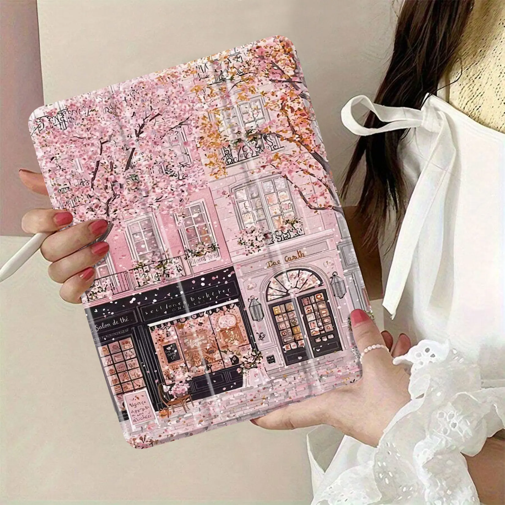 Floral Tablet Cover - Charming Spring Street Scene Design with Pink Blossoms, Quaint Shops, Space-Saving Fashion Unisex Electronics Accessory for Tablet Users, None