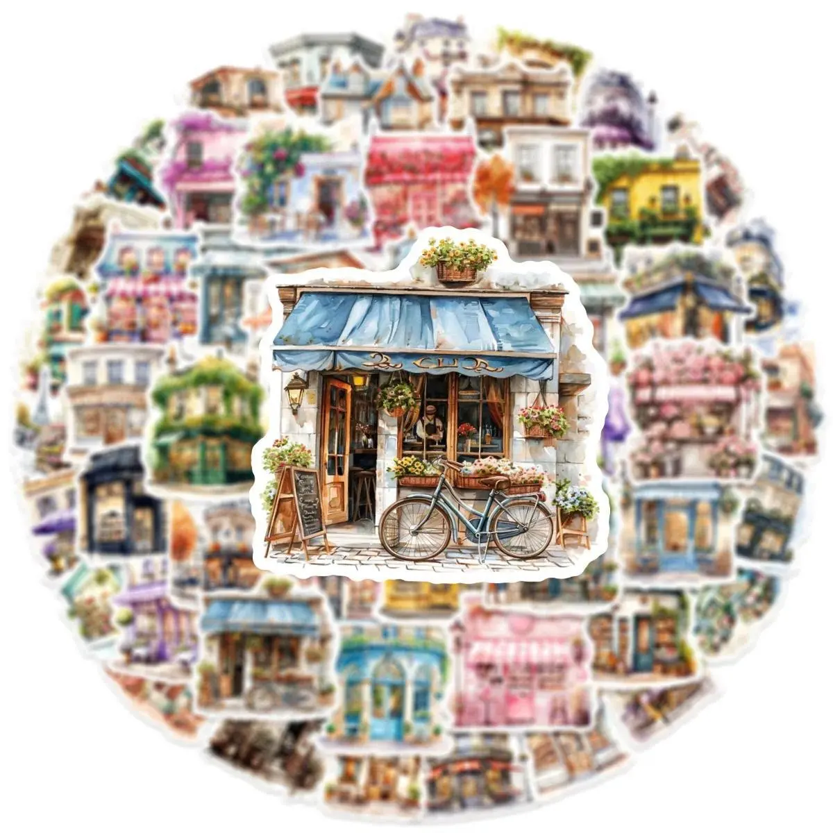 50Pcs Unique Watercolor Storefront Graffiti Art Stickers Reusable Waterproof Decals for Creative Decor on Bottles