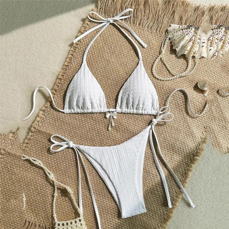 Yellow Halter String Triangle Micro Bikini Thong Solid Swimwears Bow Pearl Sexy Swimsuit Women Bathing Suit Bikinis Sets 2026