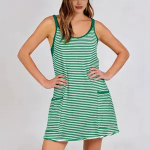 Striped 2 In 1 Tank Mini Dress Built In Inner Tank Top With Side Pockets Soft Stretchy Knit Loose Relaxed Fit Lounge Home Beach Vacation Daily Errands For Women Casual Loungewear Lovers Beach Travelers