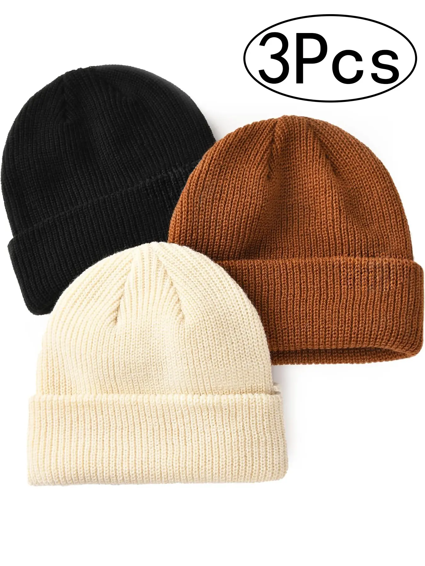 3Pcs Thin Fisherman Beanie Hat for Men Women Fall Winter Fashion Cap | Short Knit Cuffed Fashion Trawler or Long Ear Cover Watch Cap 2‑Way Fold, Soft Lightweight Seamless Snug Fit Knitting Warm Hat