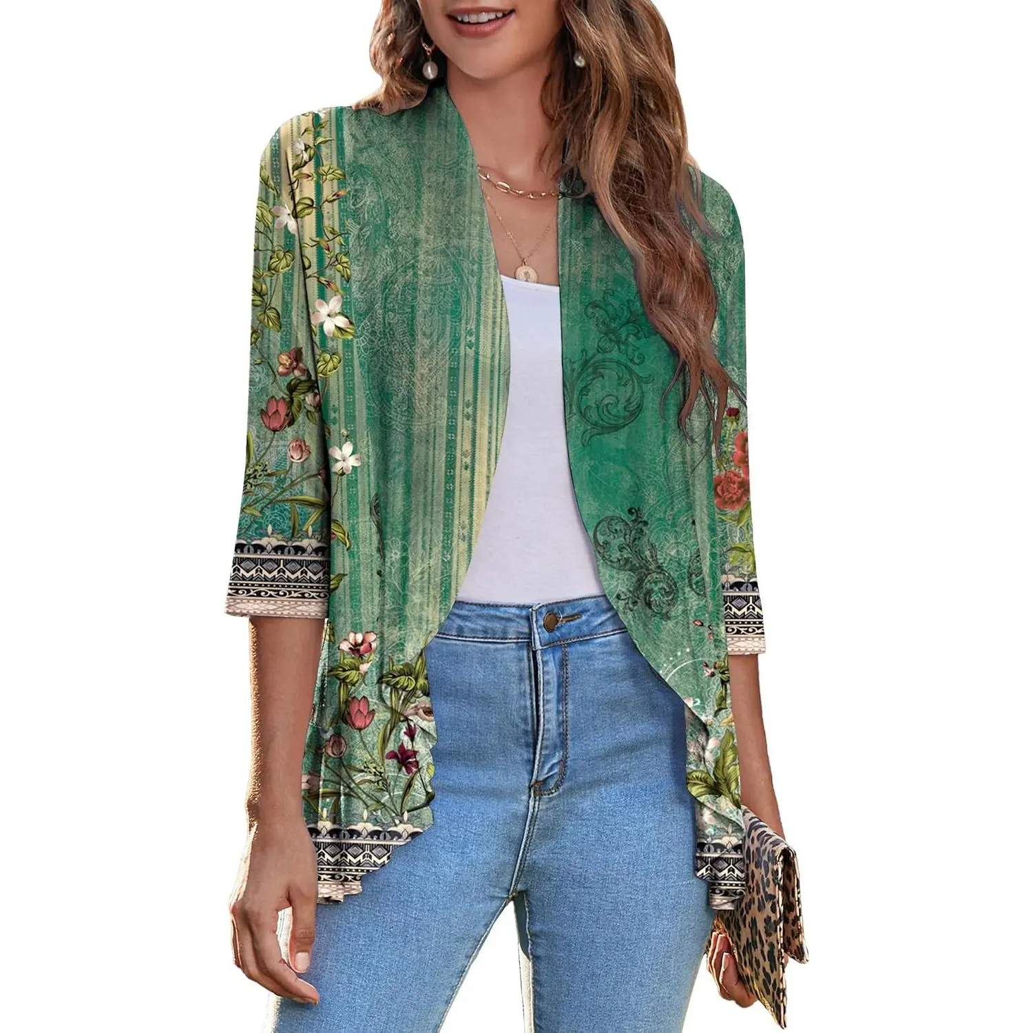 Women's Open Front Cardigan 2026 Spring Summer Lightweight 3/4 Sleeve Draped Ruffles Cardigans S-3XL