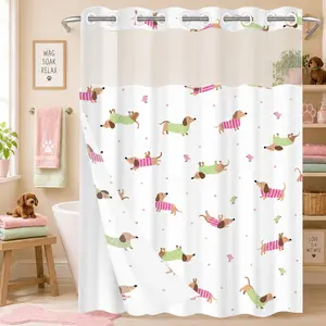 1 Pc Hookless Double Layer Shower Curtain, Cute Dachshund Puppy in Striped Clothes Print, Machine Washable Waterproof Mildew Resistant Fabric, Kids Friendly Home Bathroom Decor, Removable Snap-in Liner, Top See-Through Curtain, Bathroom Divider - 71"×74"