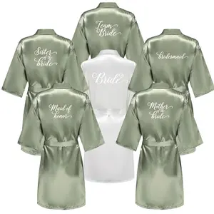Women's Satin Robe Silk Kimono Bathrobe Pure Short Sexy Sleepwear Bridesmaid Bride Party Robes Grass Green