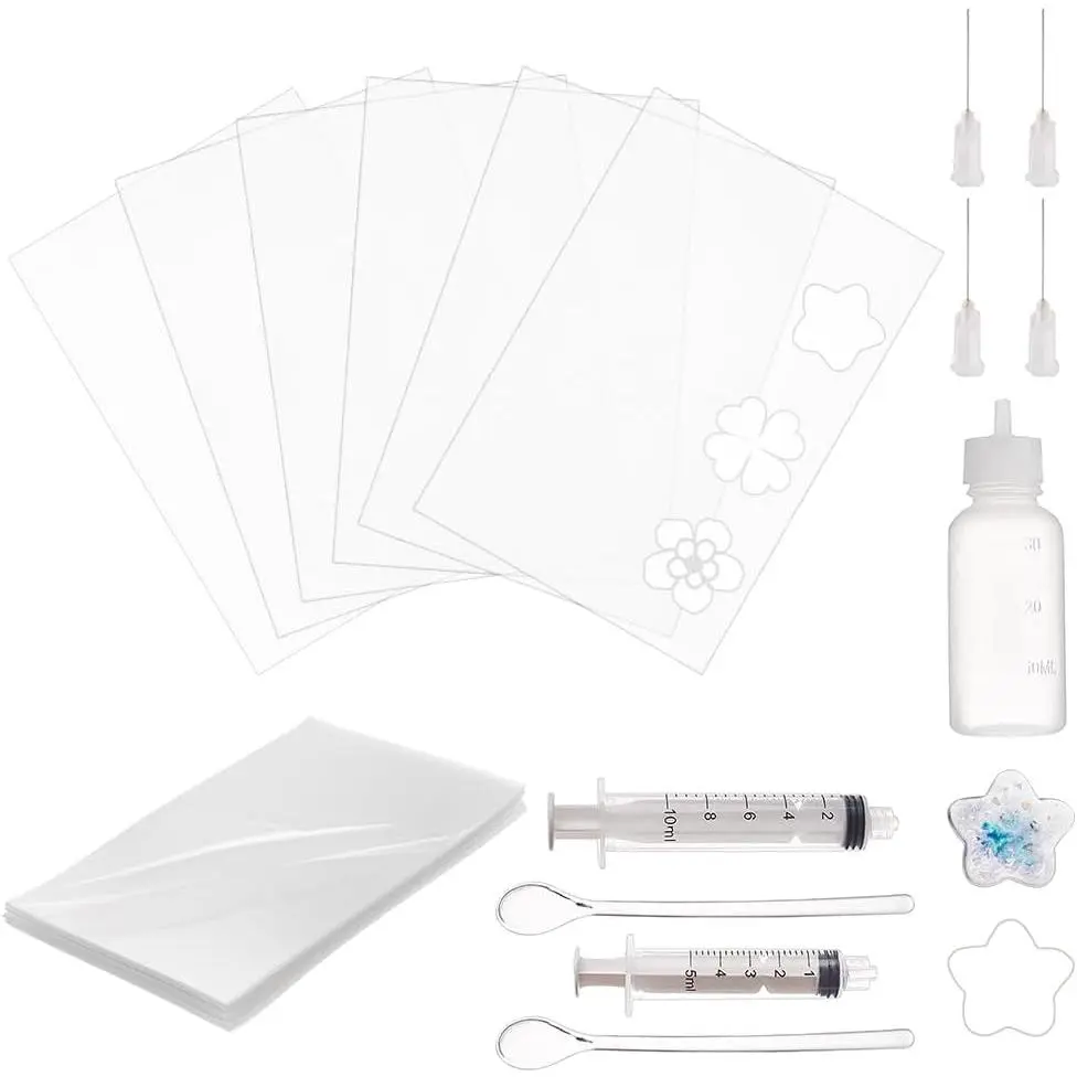 39 count  Shaker Film Set 5x3.5 Inch Shaker Mold Seal Films Kit with Glue Dispensing  and Plastic  & Bottle & Spoon for  Shaker Mold Quicksand Pendant DIY Crafts