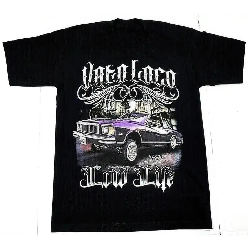Men's Cotton Classic Short-Sleeve Round Neck T-Shirt - Chicano Low Life Vato Loco Lowrider Digital Print, Relaxed Fit Fitted Casual Streetwear Sports Top, Shortsleeve