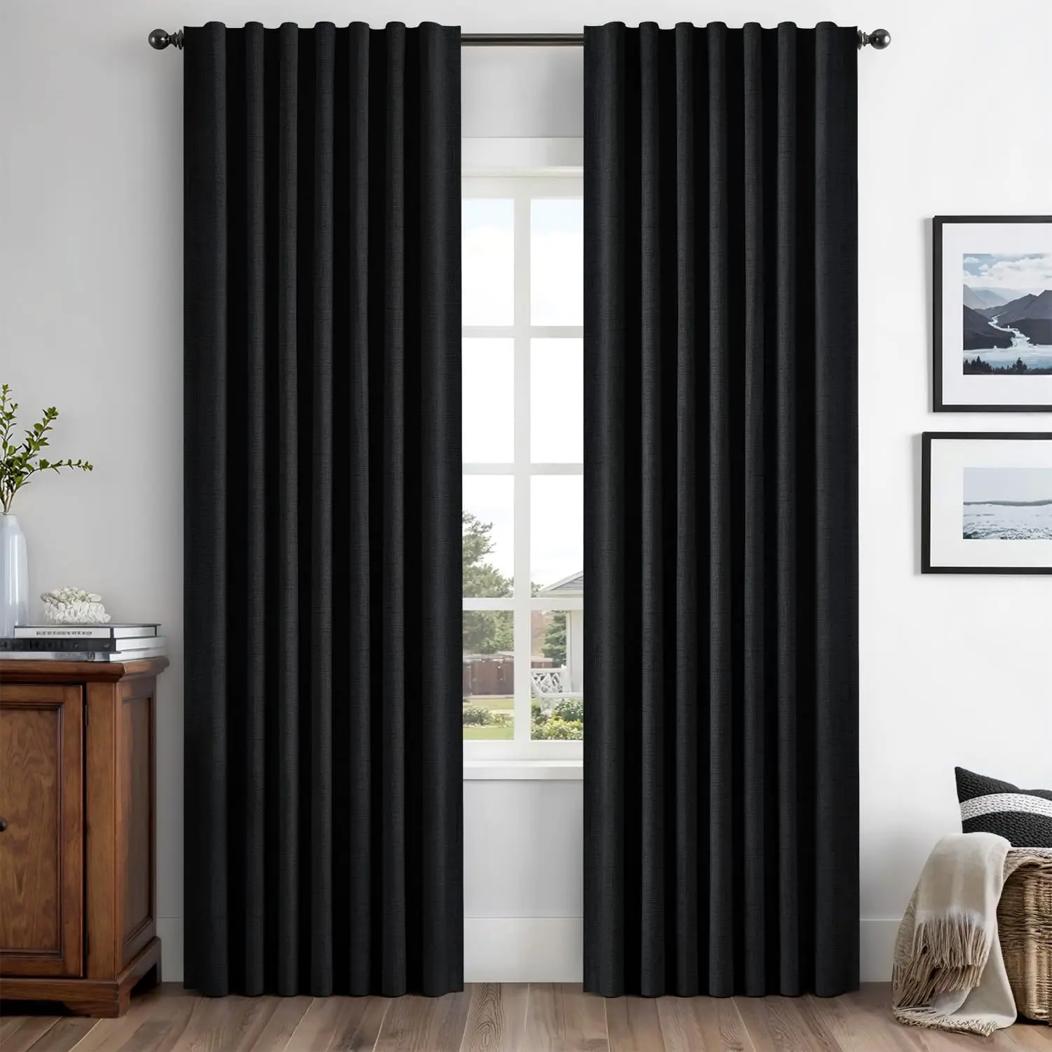 100% Blackout Curtains for Bedroom 42 x 63 Inch Black 2 Panels| Thermal, Room Darkening Drapes for Living Room, Back Tab Rod Pleated, Luxury Decor