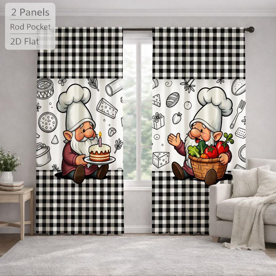 2Pcs Cartoon Style Chef Gnome Gingham Pattern Sun Blocking Curtains Digital Printed Rod Pocket, Window Treatment For Bedroom Office Kitchen Living Room Study Home Decor