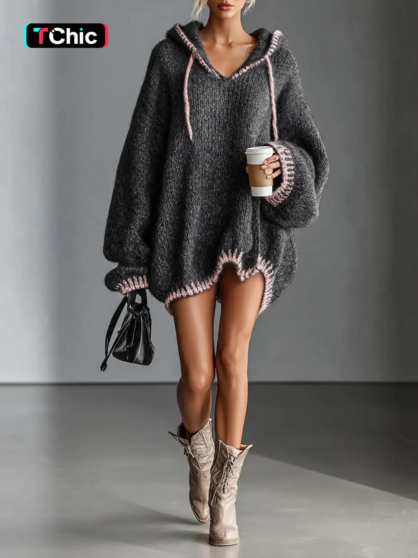 Women's V-Neck Hooded Drawstring Contrast Long Sleeve Oversized Cozy Casual Knit Pullover Sweater for Fall & Winter, Suitable for Cafe and Shopping Wear