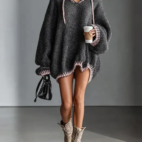 Women's V-Neck Hooded Drawstring Contrast Long Sleeve Oversized Cozy Casual Knit Pullover Sweater for Fall & Winter, Suitable for Cafe and Shopping Wear Knitwear