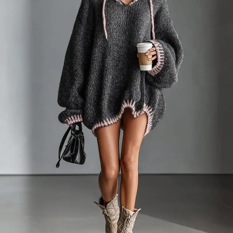 Women's V-Neck Hooded Drawstring Contrast Long Sleeve Oversized Cozy Casual Knit Pullover Sweater for Fall & Winter, Suitable for Cafe and Shopping Wear Knitwear