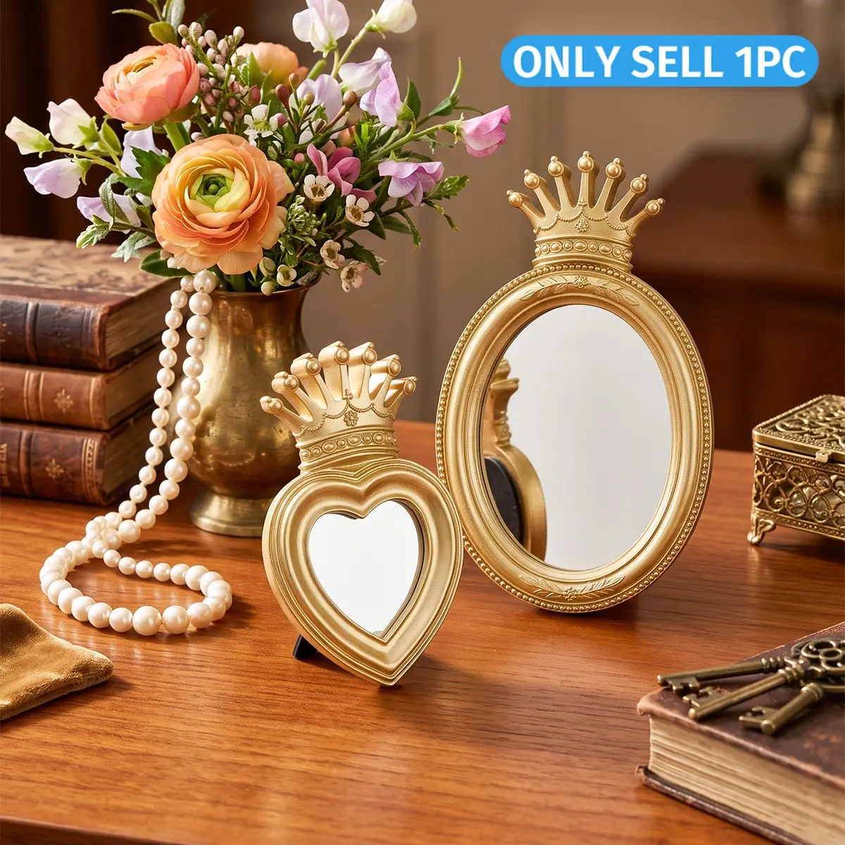 French Crown Desktop Makeup Mirror, Luxury Resin Heart Shape Carved Mirror, Heart Shaped Mirror, Perfect for Dressing Table, Bathroom Decor, Gift for Women