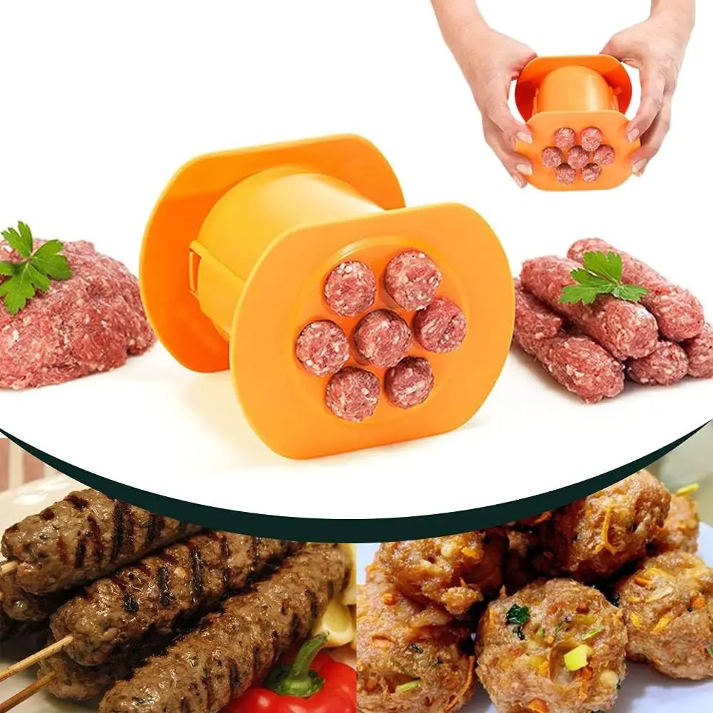 One Press Cevapcici Sausage Maker Stuffer, 7 Sausages at Once Press Handmade Hot Dog Meat Strip Machine Molds Non Stick Kitchen Meatball Maker (Orange)