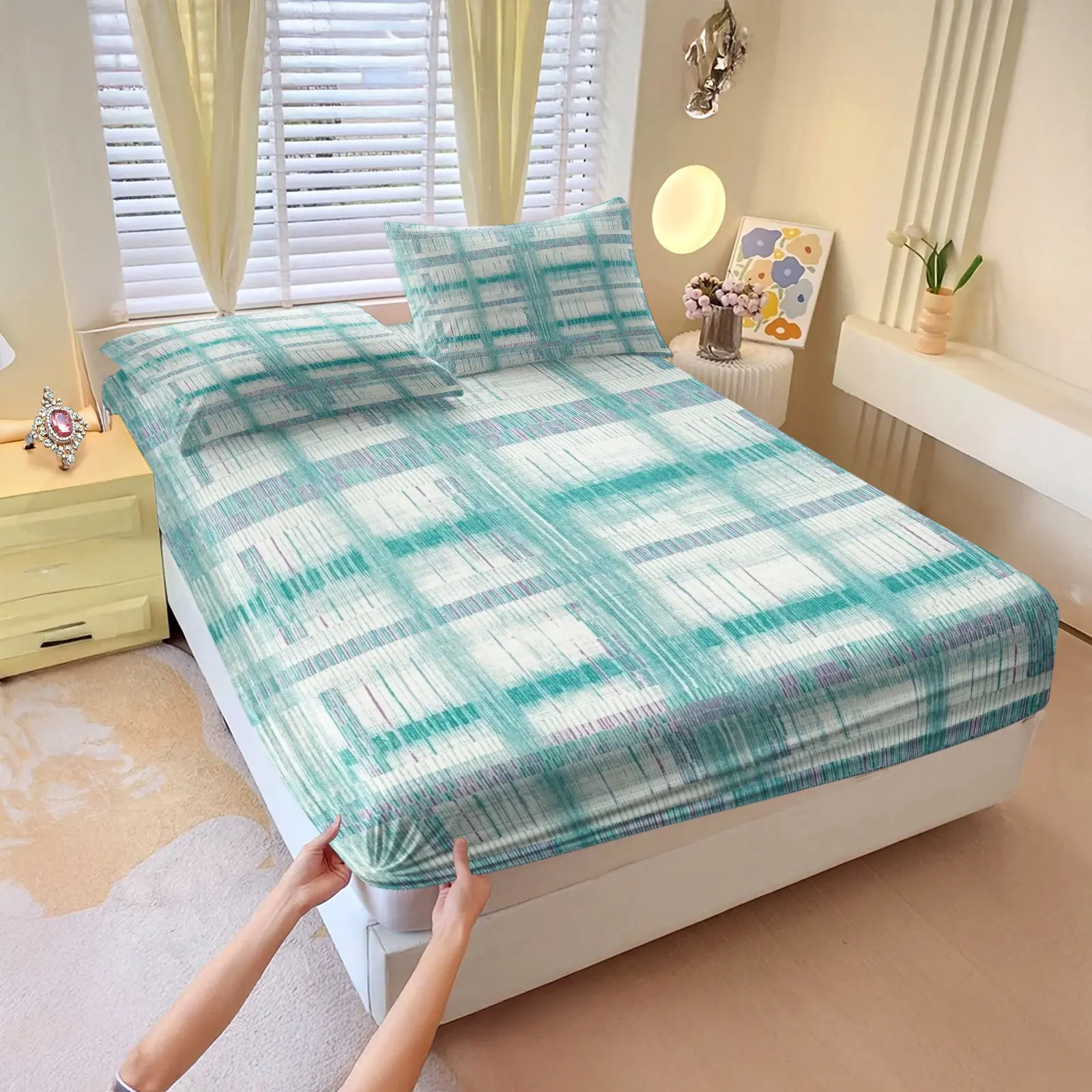 3-Piece Set Of Gradient Checkered Patterned Bed Sheets, Including 1 Bed Sheet And 2 Pillowcases (Excluding Pillow Core), Comfortable Bedding, Non Slip Suitable For Bedrooms, Suitable For Children And Teenagers As Gifts And Decorations