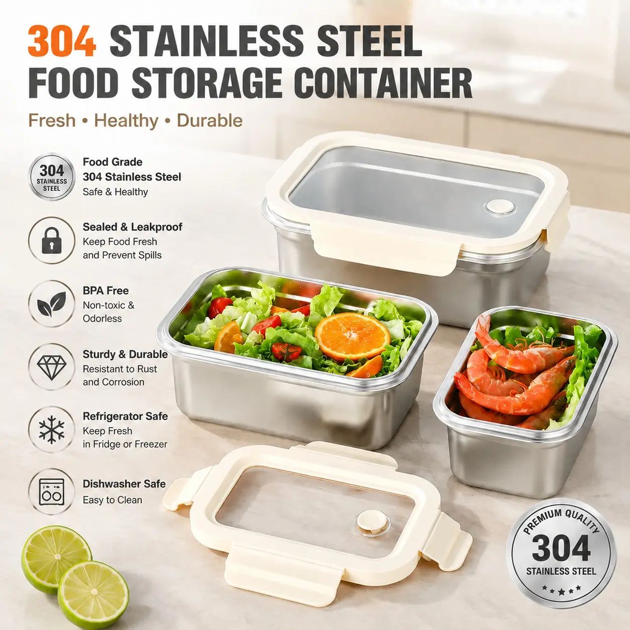 304 Stainless Steel Food Storage Container Leakproof Bento Box with Airtight Lid, BPA Free Reusable Kitchen Refrigerator Storage Box for Home, Lunch, Meal Prep, Office, School & Travel