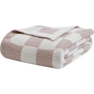 Fuzzy Checkerboard Grid Throw Blanket Soft Cozy Warm Microfiber All Season Blanket Decor for Couch Sofa Bed Travel Home (Cream, 50''x60'')