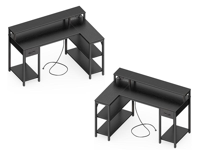 47 inch L Shaped Gaming Desk with LED Lights & Power Outlets, Reversible Computer Desk with Shelves & Monitor Stand, Corner Desk with Drawer, for Home & Office, Black