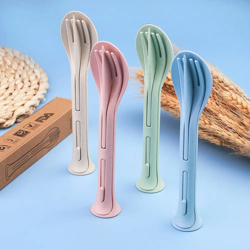 4 Sets Wheat Straw Cutlery, 4 Color Reusable Spoon Fork Knife Sets, Detachable All-in-One Portable Design, for Lunch Box, Camping, Picnic and Office