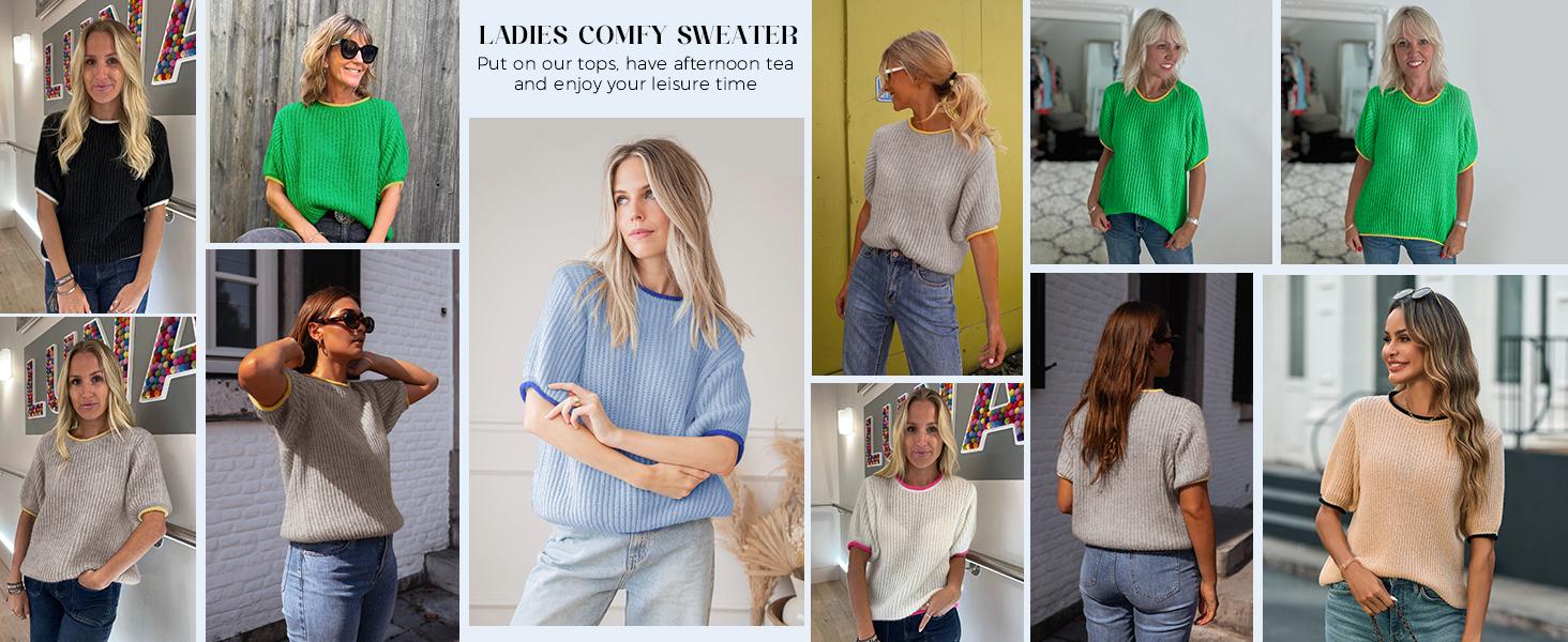 Saodimallsu Womens Puff Short Sleeve Sweater Tops Spring Summer Color Block Ribbed Knit Crew Neck Going Out Shirts SpringStatements