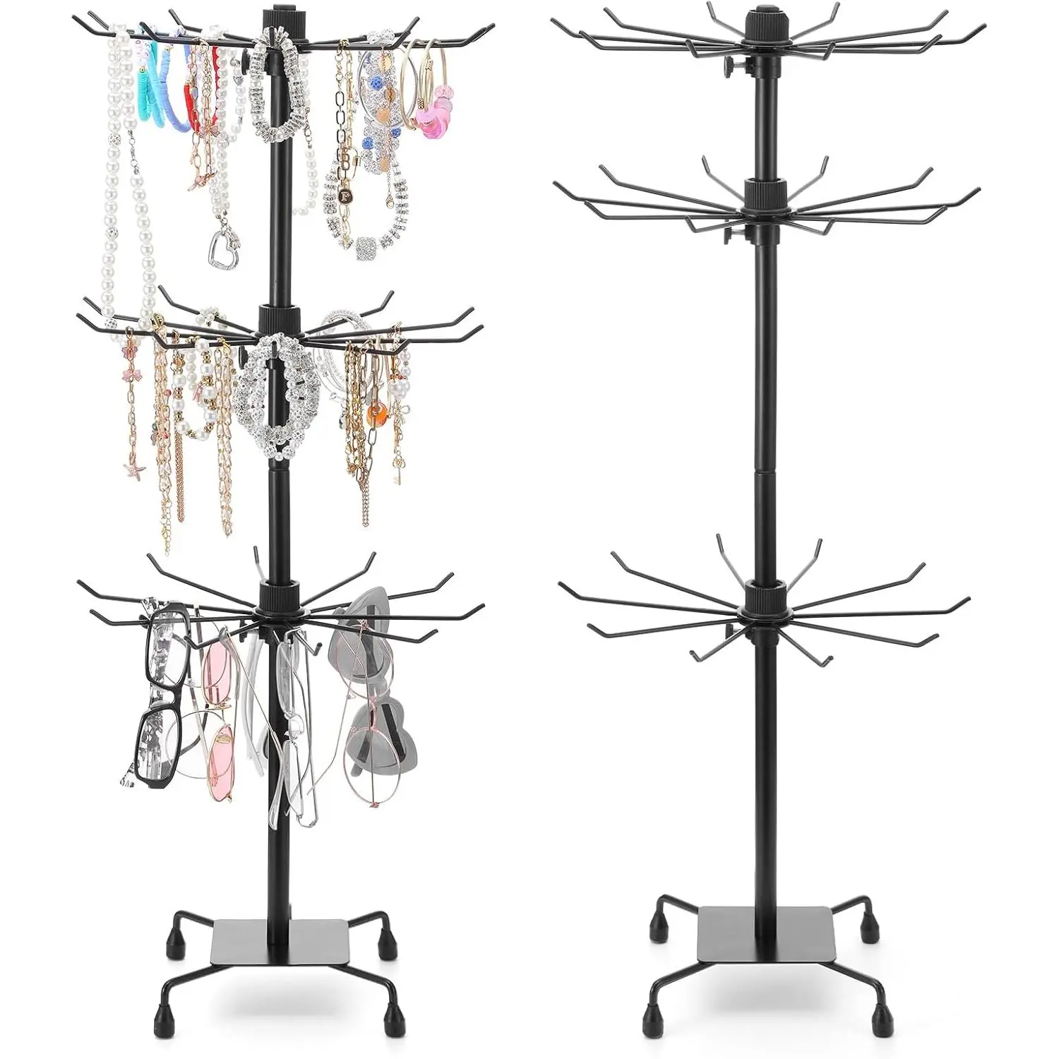 2 count Rotating Display Stand Metal Spinner Display Rack with Hooks Adjustable Height Holders for Earrings Necklace Key Rings, 3 Tiers Retail Vendor  Display Rack(Black)