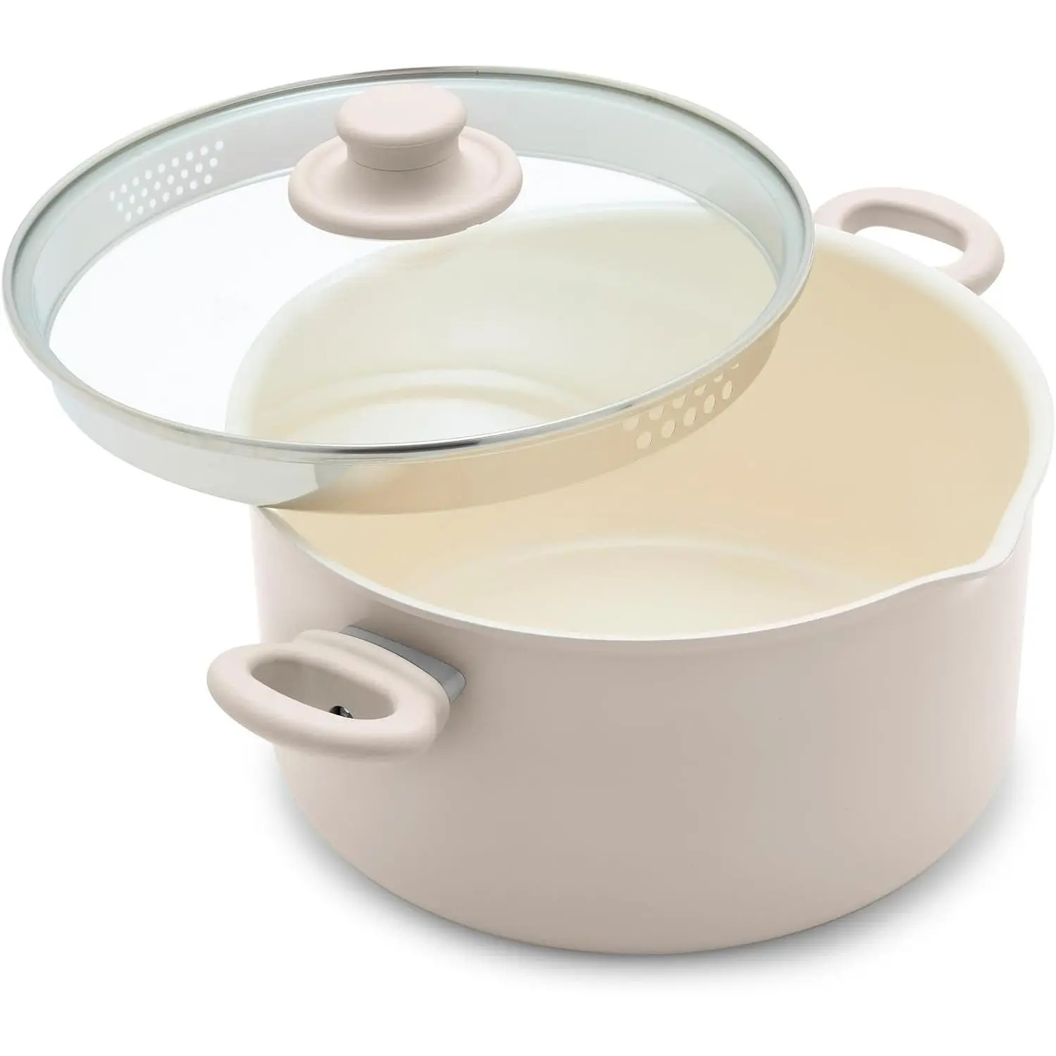 6QT Ceramic Nonstick Stockpot with Glass Straining Lid, PFAS-Free, Dishwasher Safe, Stay-Cool Handles, Oven Safe to 350°F, Wobble-Free Base, Even Heating, Taupe