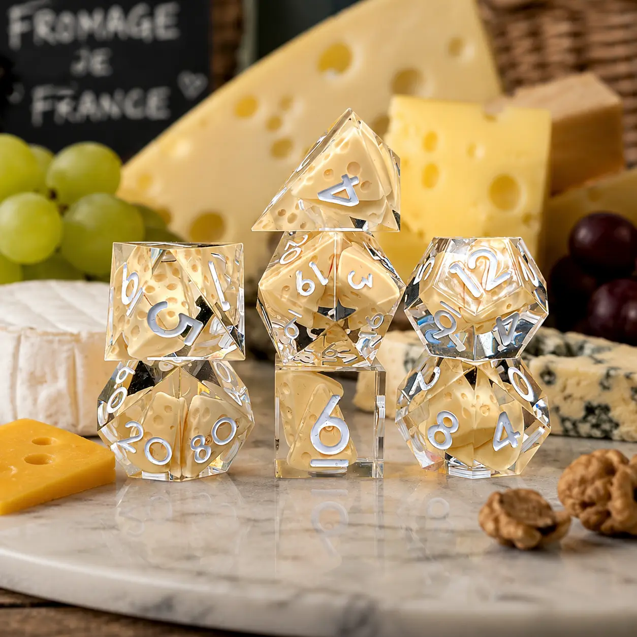 Cheese DND Dice Set, Fun Food Resin Dice, Unique Polyhedral RPG Dragon & Dungeon Dice, D20 Dice, Tabletop Game Gift