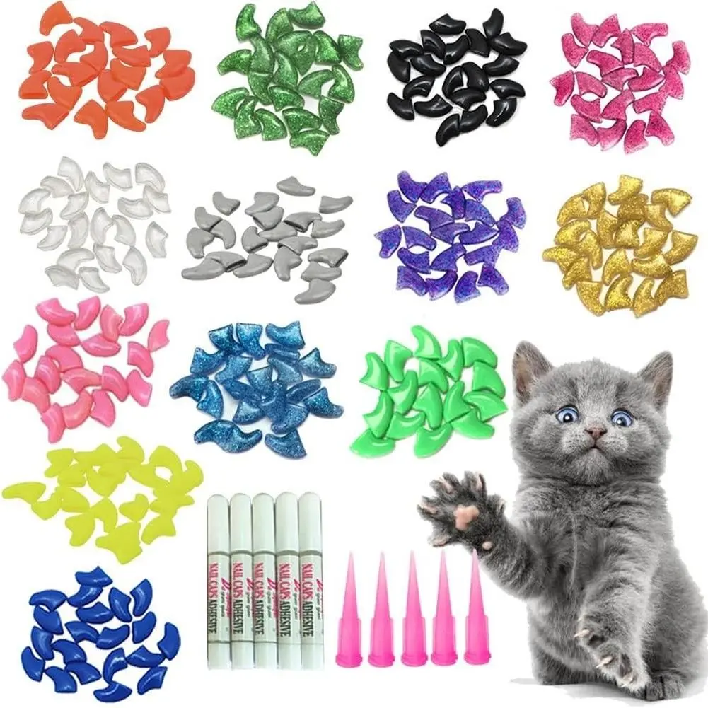 100pcs Cat Nail Caps for Pet Kitten Claw Covers Control with 5pcs Adhesive Glue, 5 Applicators and InstructionGift
