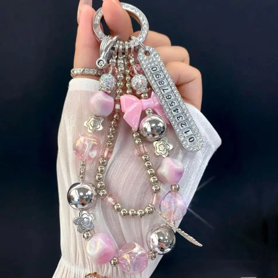 2000s Inspired Beaded Smartphone Charm Accessories - Shimmering Butterfly Multi-Use Lanyard Wrist Strap with White Number Plate for Bags, Keychain, Mobile, Cellphone, White+Number Plate+Keychain, Fabric, Shimmering Butterflies, Charm Keychains
