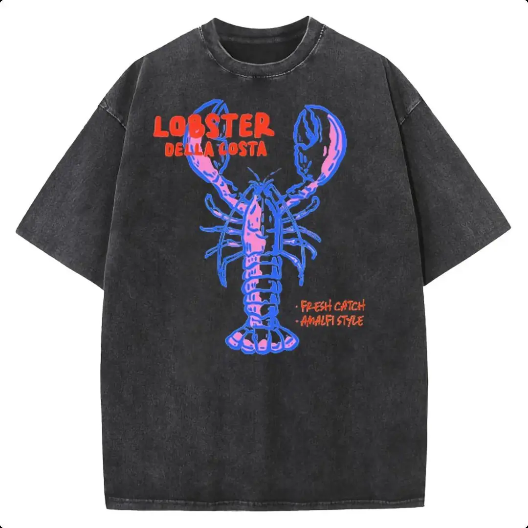 Oversized Tshirt Women Vintage Graphic Tees Lobster Della Costa Amalfi Coast Ocean Graphic Tee, Camisetas de Mujeres Retro Washed Black Fresh Catch Seafood Print 100% Cotton Crew Neck T Shirts Women Graphic Tee