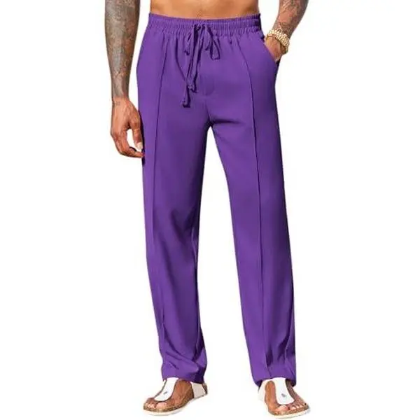 FMEYOA Mens Cotton Linen Pants Casual Drawstring Elastic Waist Loose Fit Beach Yoga Pants