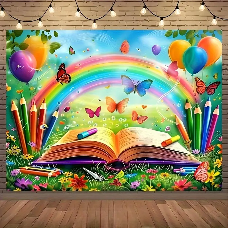 Rainbow Open Book Backdrop, Colorful Learning Theme Polyester Tapestry for Photography, Indoor Outdoor Parties, Studio Background, Live Streaming and Holiday Decor