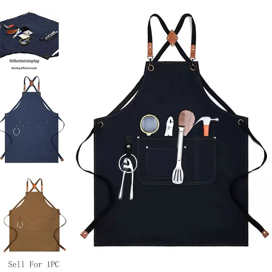Adjustable Leather Canvas Waterproof Cooking Coffee Bib, High Quality Unisex Kitchen Apron for Men and Women, Promotional Use