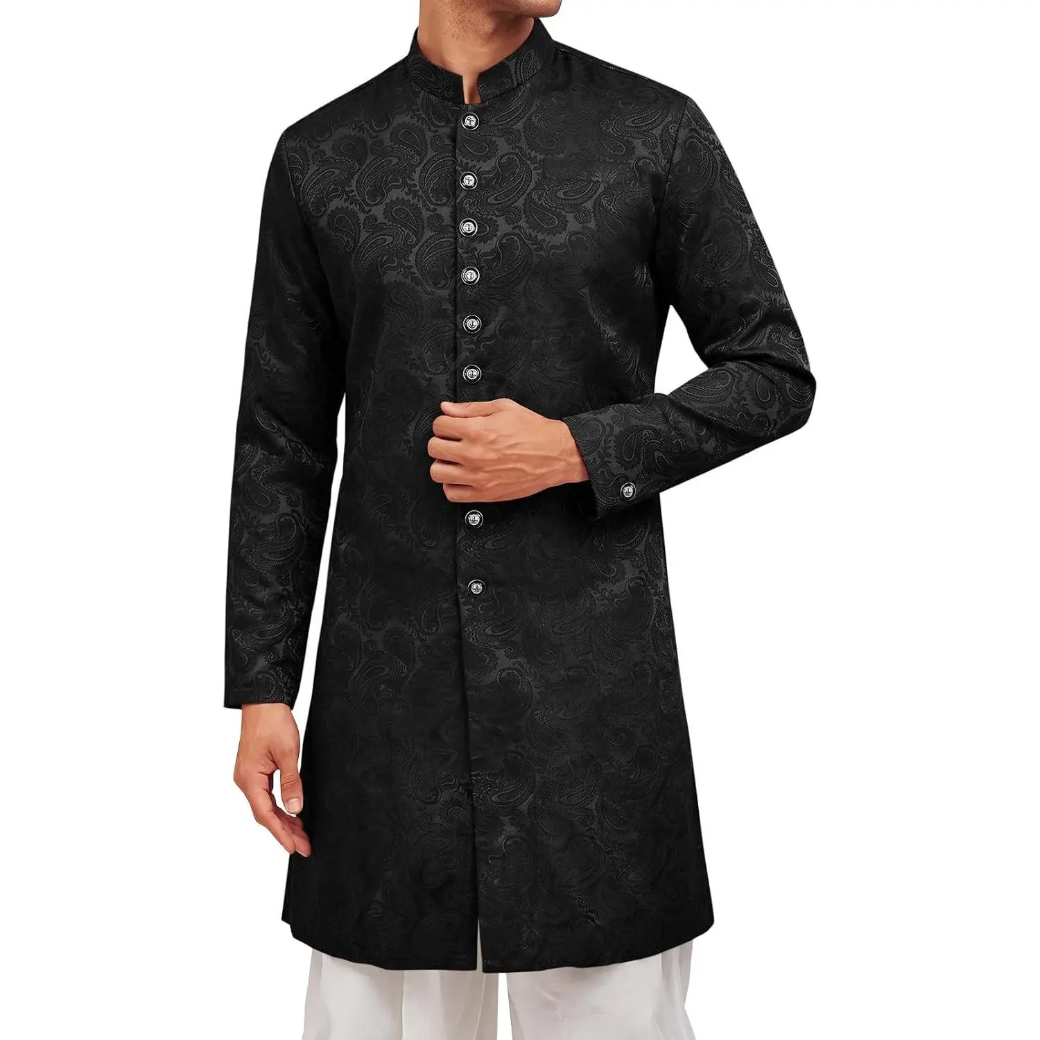 Men's Indian Ethnic Kurta Sherwani Coat Kaftan Royal Textured Suit Blazer | Mandarin Collar, Long Sleeve, Wedding Festive Party(Gift)