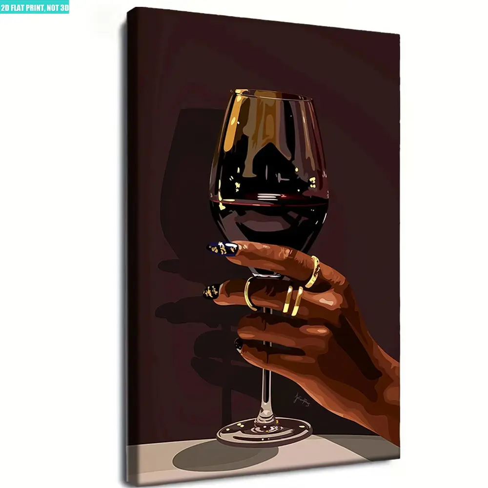 1 piece premium framed digital wall art print of elegant African black girl with wine design, stylish ethnic decorative artwork for home interior church decor unique art decoration