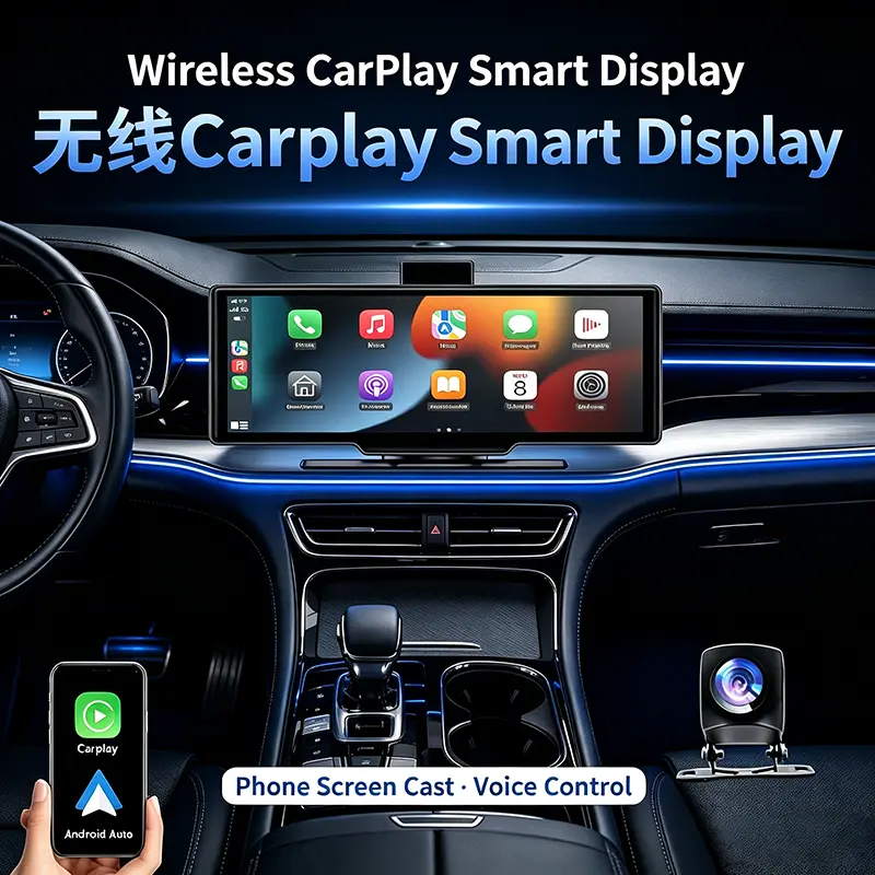10.26" Wireless CarPlay Touch Screen with Dual 1080P Dash Cam - Portable Android Auto Car Display, Phone Mirroring Voice Control for All Vehicles Stereo WiFi