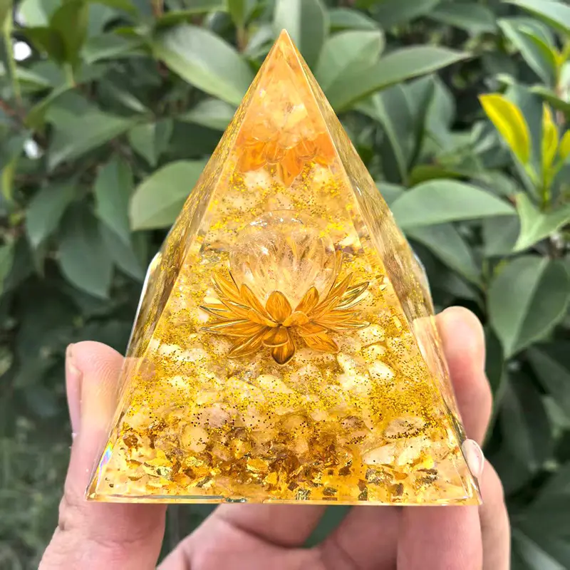 Golden Crystal Orgonite Pyramid, High Energy Citrine Quartz Resin Pyramid Statue, Wealth Abundance Luck Desk Ornament, Handmade Epoxy Healing Crystal, Office Tabletop Decor, Meditation Gift