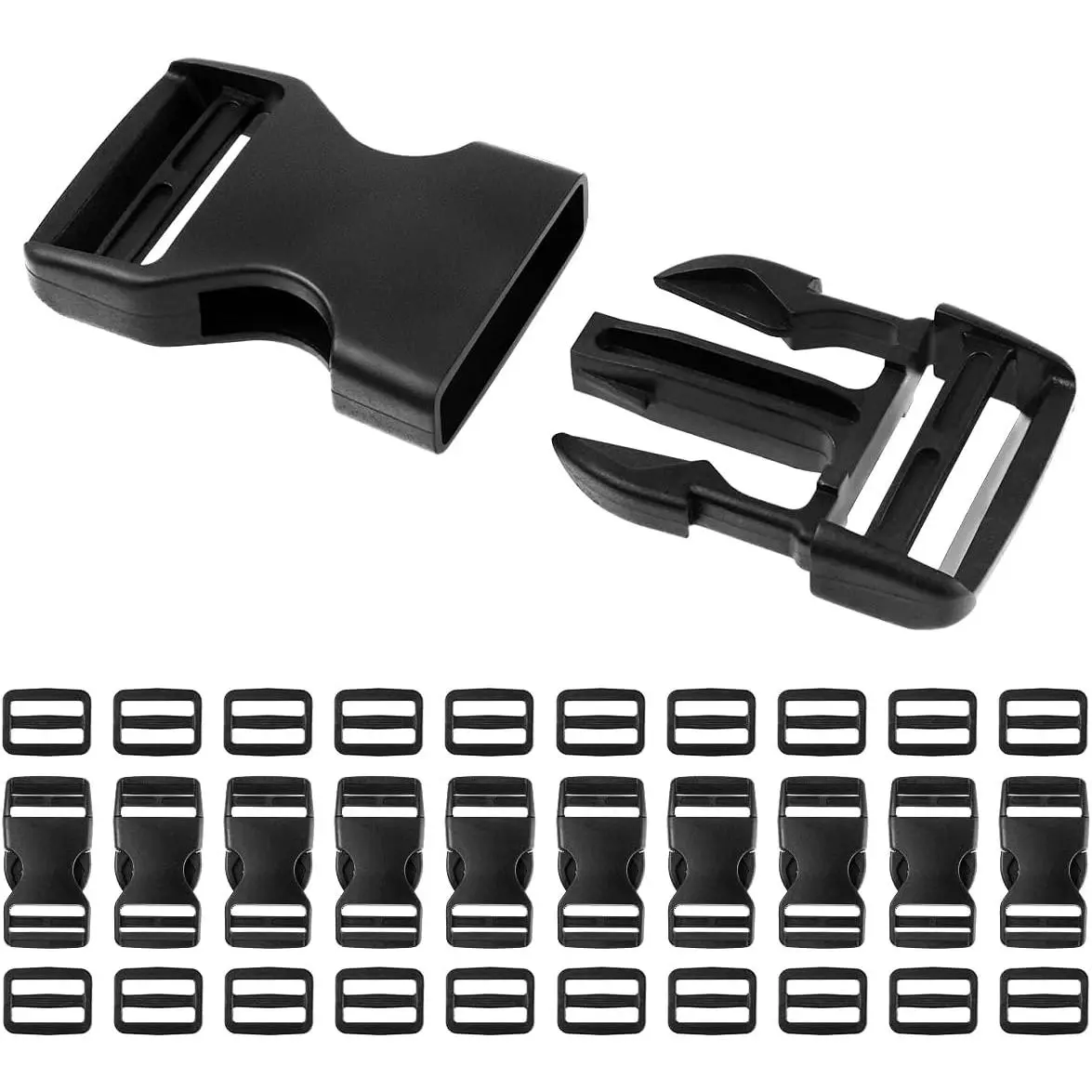 10 Set 1 inch Buckles for Straps with 20 pcs Tri-glide Slide Clip, Quick Side Release Plastic Buckle Clip, Fit 1 inch Wide Nylon Webbing Canvas Strap Black