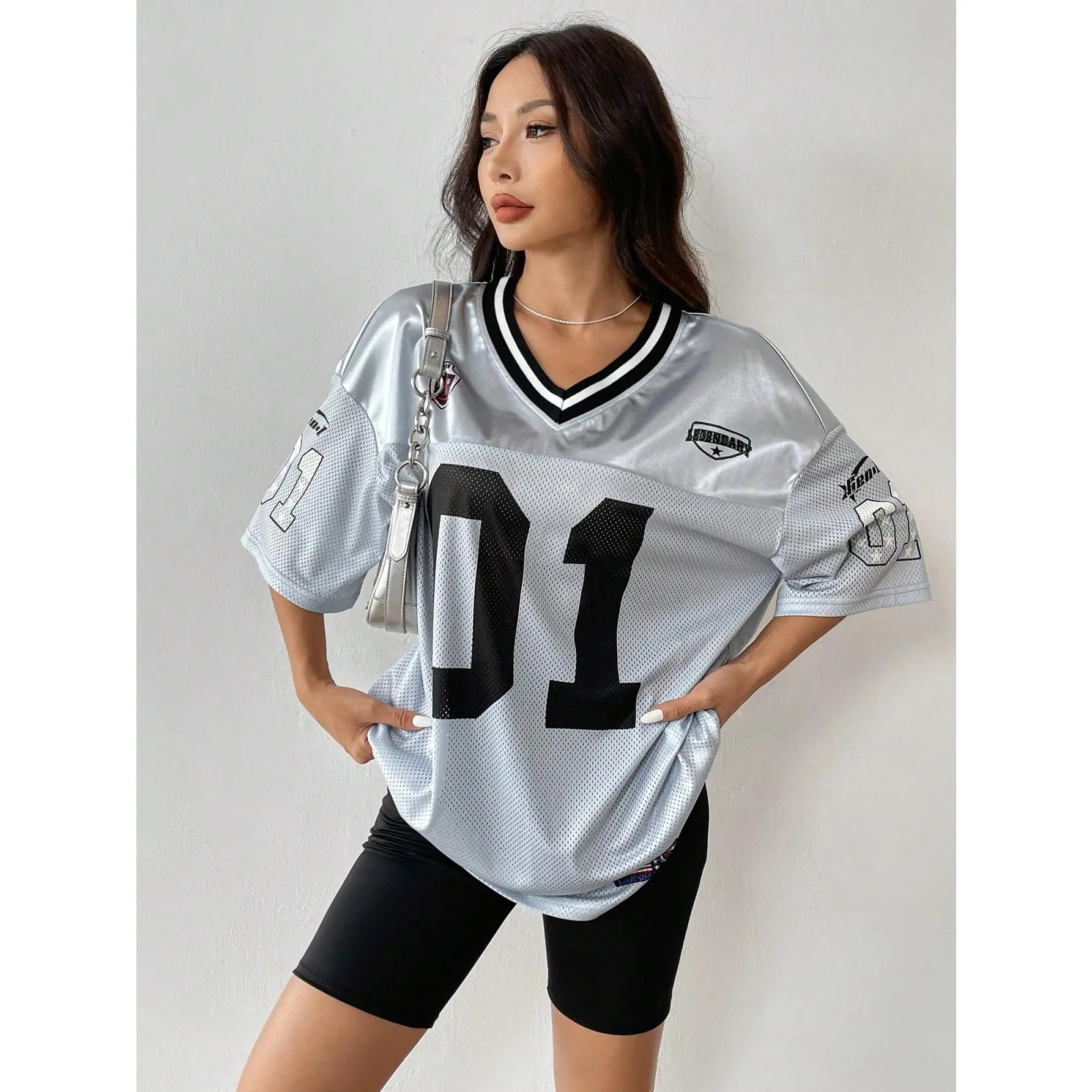Women's Plus Size Jersey T-Shirts - Letter Graphic, Loose Football Jersey Vibe, Oversized, Large Number Back Blokecore Sports Tops, Jersey Women's T-Shirts