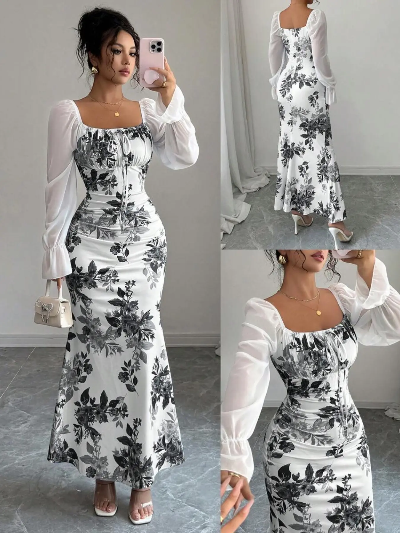New Women's Square Neck Bow Chiffon Bubble Sleeve Dress, Perfect for Dates, Parties, Daily Wear, Formal, Slimming Waist, Elegant Youthful, Spring Summer Fall Long Dress