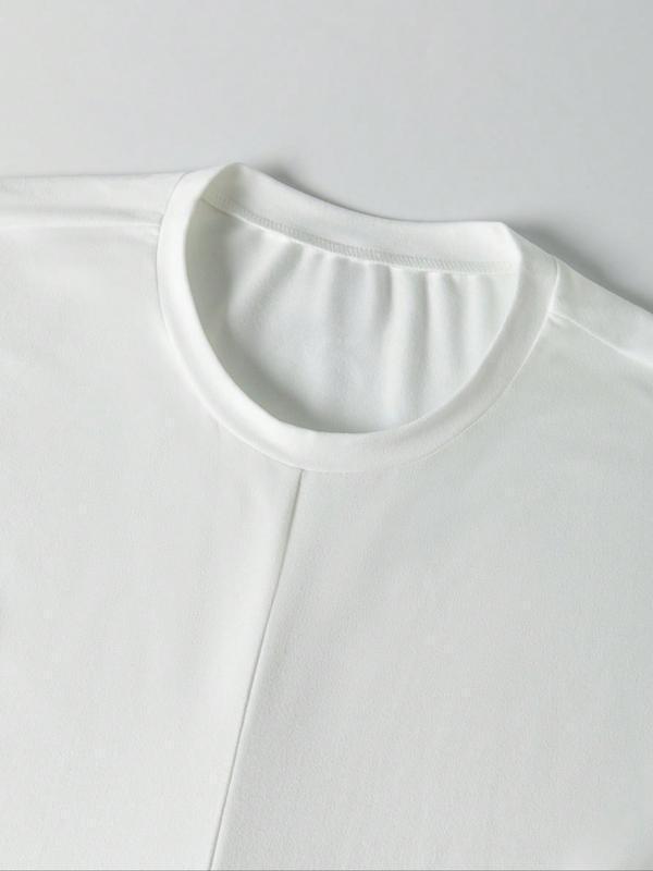 Women's Knitted Round Neck Drop Shoulder Sleeve T-Shirt, Fashion Casual Chic Asymmetrical Ruched Cross Cutout Back Tie Top