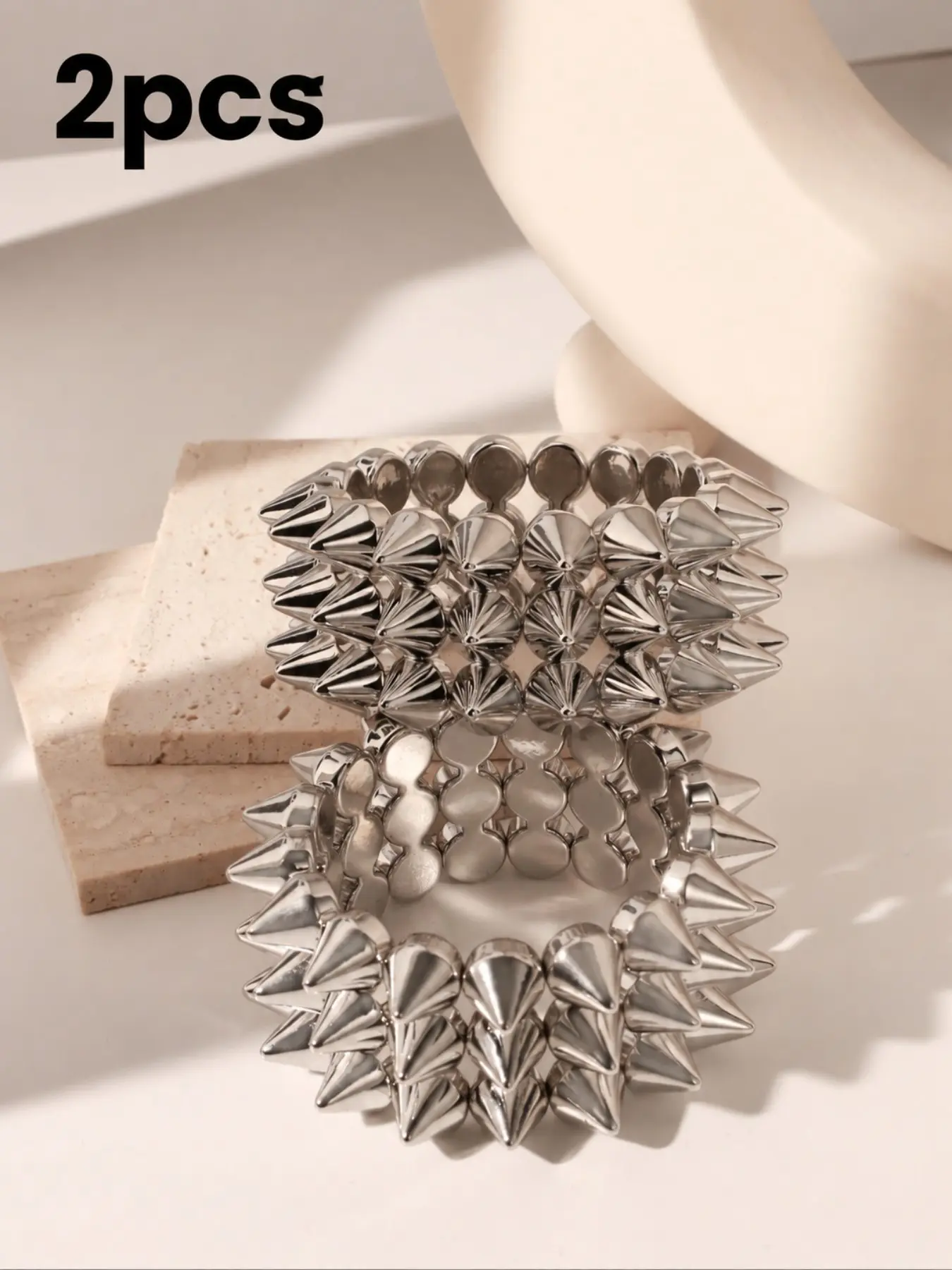 2pcs Punk Spike Bracelet Set, Studded Cuff Bracelets for Everyday, Parties & Music Festivals, Geometric Alloy Bangles