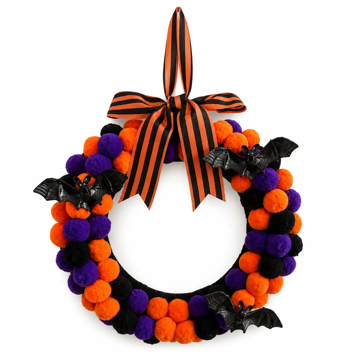 Halloween Pom Pom Wreath with Bat Accents, Orange Purple Black Front Door Decor, Ready-to-Hang Spooky Party & Entryway Decoration