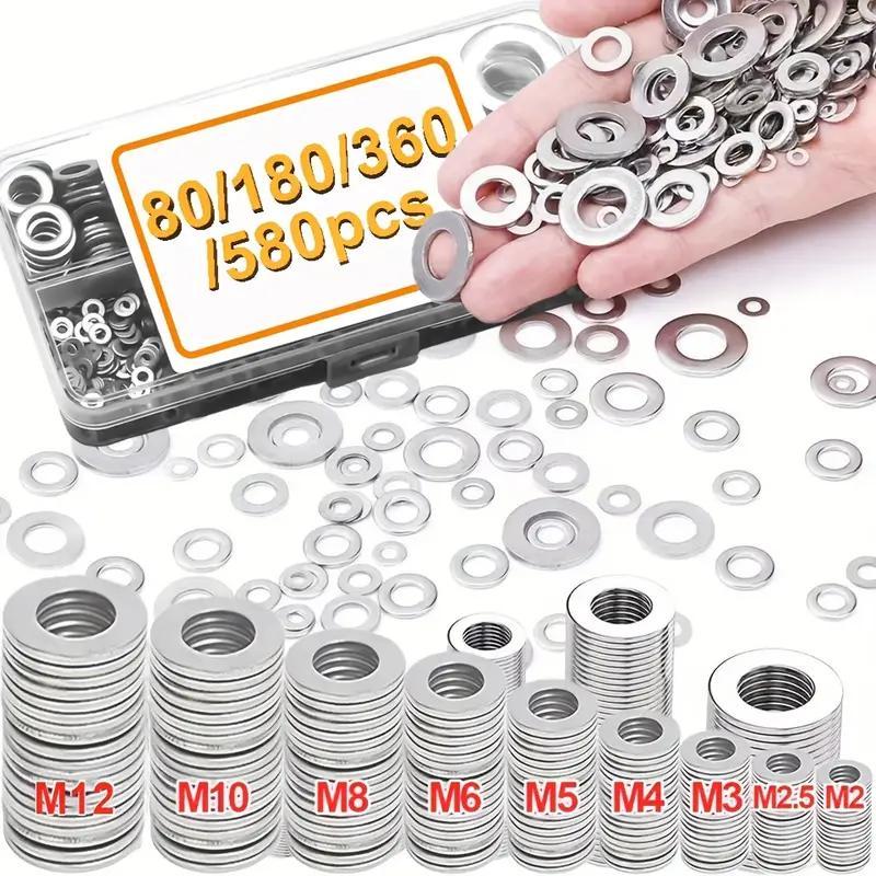 80-580pcs Stainless Steel Flat Washers Assortment Kit, M2 to M12 Sizes for Home Decoration and Outdoor Construction, Perfect for Factories and Shop Repairs