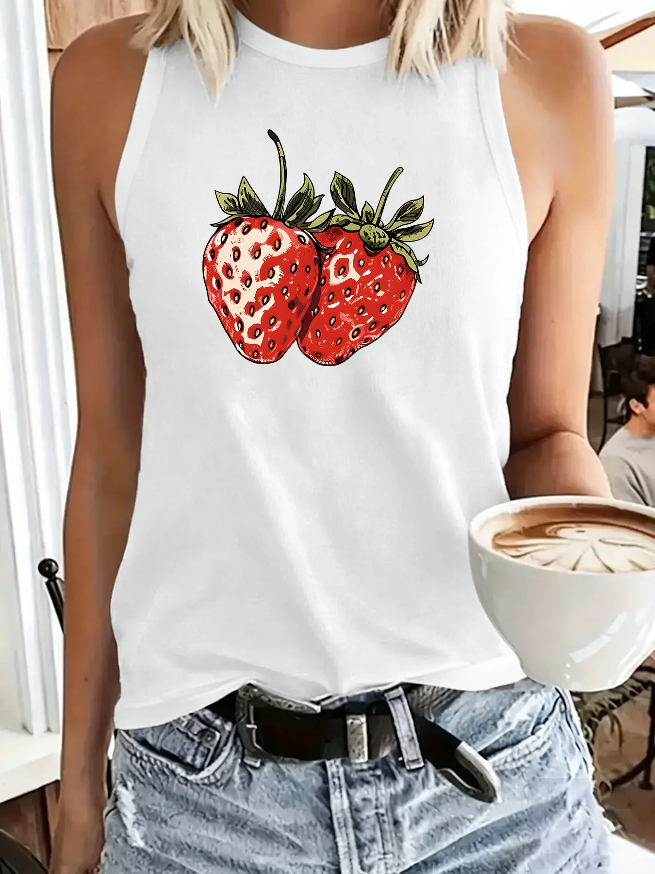 Women's Fashion Strawberry Print Sleeveless Tank Top, Casual Summer Backless Vest, Lightweight Fabric, Perfect for Leisure and Vacation Wear