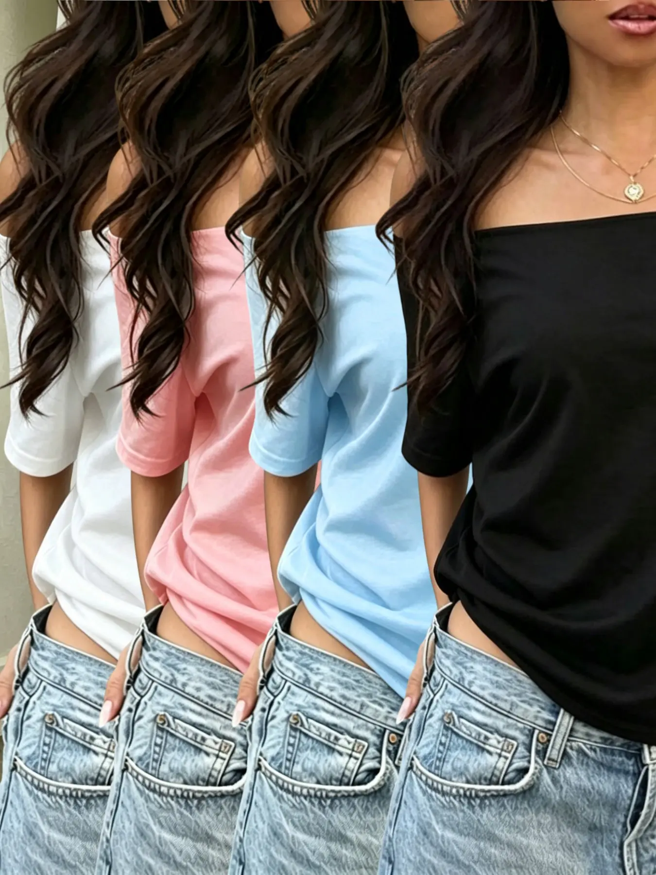 4 pieces, women's American black, white, blue, pink, summer new casual off shoulder short sleeves, Y2K girl style, off shoulder design, loose, Baggy, Oversized, comfortable fit, daily home commuting, dating, travel, vacation Tops