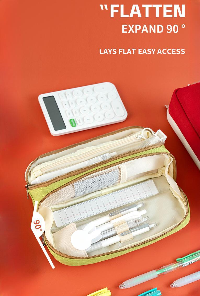 2 solid colour patchwork pencil cases with stain resistant lining, stand up design in solid colours, made canvas, large capacity, minimalist style, convenient DIY organisation, pencil stationery case