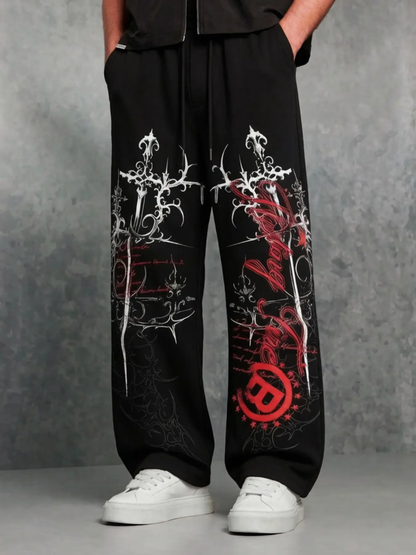 Neutral Gothic Sword Pattern Wide Leg Sports Pants, Y2K Streetwear Loose Long Pants, Vintage Print Drawstring Joggers, Side Pockets, Hip-Hop Aesthetic, Z-Generation, Casual Concert Wear