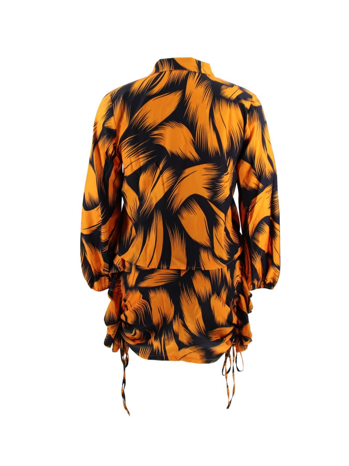 Plus Size Women's Two-Piece Set Short Skirt & Bubble Sleeves Blouse, High-Waisted Fitted Design, Casual All-Season Wear, Button-Front Style